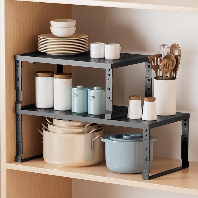 Metal Stackable Expandable Storage Shelf - Multi-Functional Home Storage Shelf, Suitable for Kitchen, Cabinet，Bathroom, Office, Garage, etc.（1PACK/Black/Large