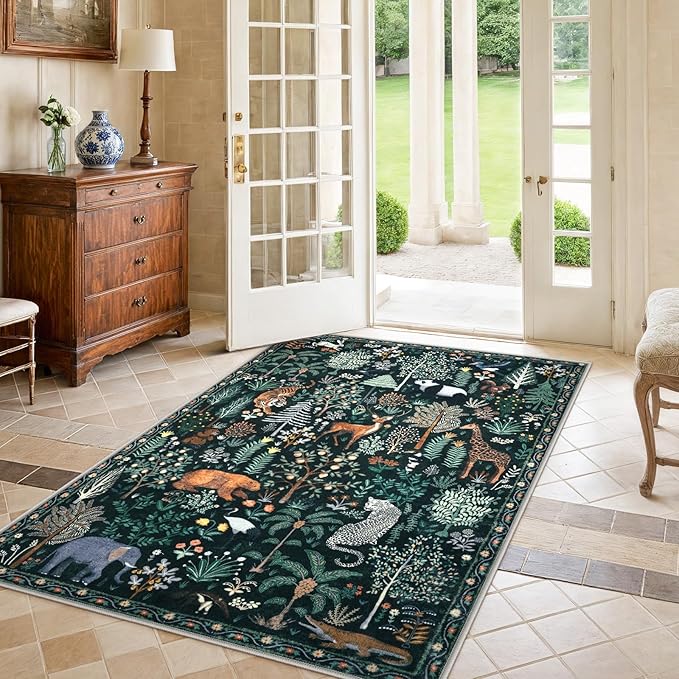 OJIA Jungle Print 5x7 Area Rugs for Living Room, Green Soft Washable Rugs for Bedroom Ultra-Thin Non-Slip Modern Rug, Stain Resistant Nursery Rug Carpet for Kids Playroom Nursery Dining Room
