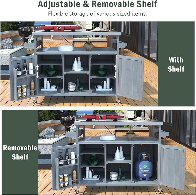 Outdoor Kitchen Island, Rolling Bar Cart & Storage Cabinet, Farmhouse Solid Wood Outdoor Grill Table with Stainless Steel Top, Spice Rack, Towel Rack for Kitchen & BBQ, Grey Blue