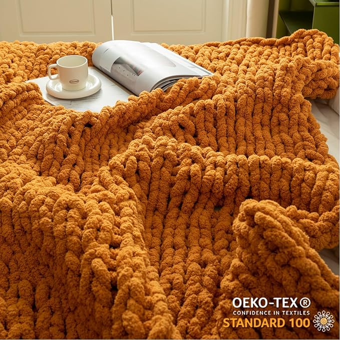 WESHIONGOO Chunky Knit Blanket Throw 50"×60" Knitted Throw Blankets for Couch Bed Fall Throw Blanket Fluffy Soft Blanket with Jumbo Chenille Yarn Thick 100% Handmade (Burnt Orange)