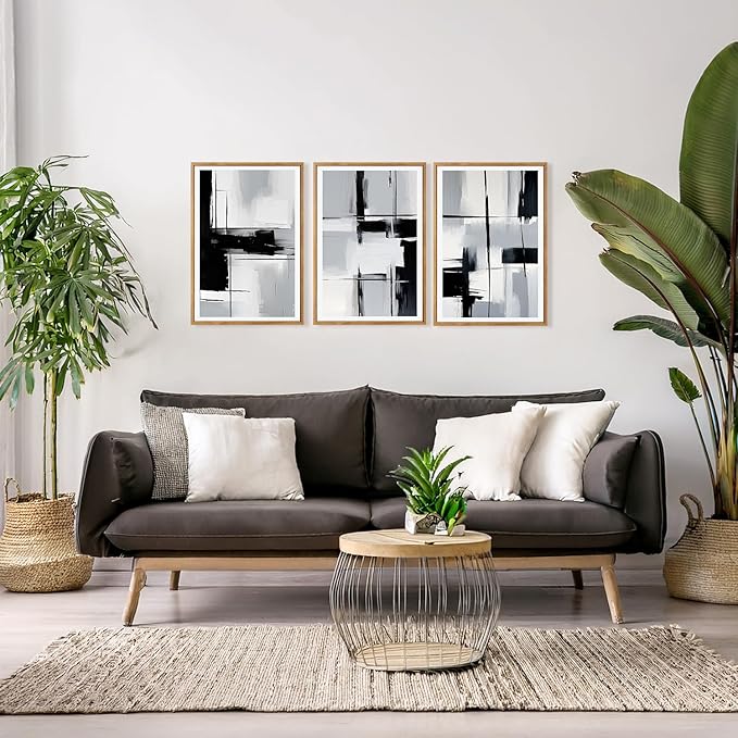HPNIUB Modern Abstract Geometric Wall Art, Black & White Canvas Neutral Prints, Minimalist Bohemian Mid-Century Wall Art for Hallway, Office Wall Decor- 16"x24"x3