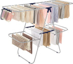 SONGMICS Clothes Drying Rack, Foldable 2-Level Laundry Drying Rack, Free-Standing Laundry Airer, with Height-Adjustable Wings, 33 Drying Rails, Sock Clips, Silver and Blue ULLR53BUV1
