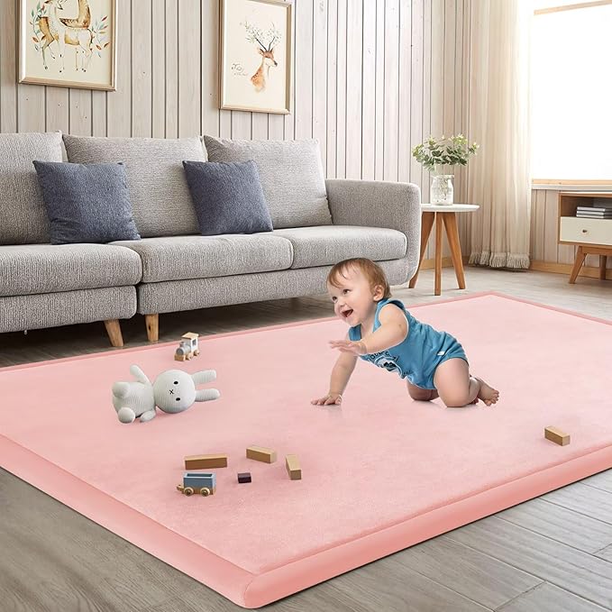 Baby Play Mat for Floor Tummy Time Mat Nursery Rug Muscle Mat Area Rug Playroom Rug Tatami Mat 6'7"x5'11" Memory Foam 1.3" Thick Crawling Mat for Babies,Toddlers, Infants, Kids,Floor Mat(Pink)