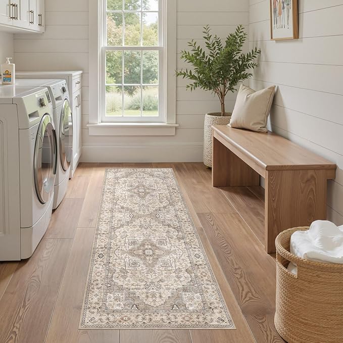 Washable 2x6 Runner Rug - Area Rugs Neutral Vintage Distressed Floral Farmhouse Boho Large Soft Floor Rug Indoor Carpet for Hallway Entryway Bedroom Kitchen - Brown/Multi
