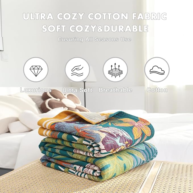 MSGKV Boho Throw Blanket for Couch and Sofa Cotton Blankets for Living Room Bedroom Reversable Florals Throw 60"x80" Breathable Cozy Blankets