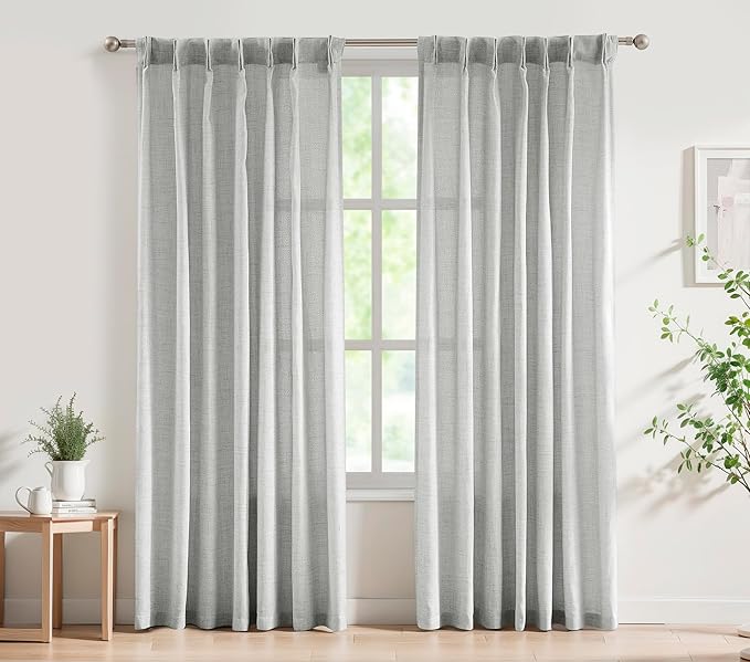 FMFUNCTEX Pinch Pleated Curtains 96 Inches Long for Living Room, Grey Semi Sheer Faux Linen Textured Pleat Drapes for Bedroom with Hooks, Light Filtering Farmhouse Window Drapes 2 Panels