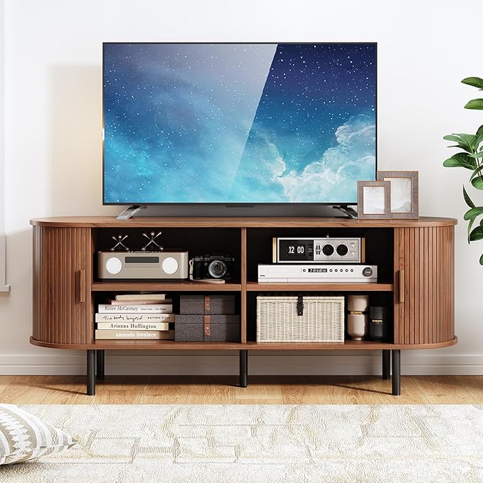 TV Stand with Power Outlet, Mid-Century Modern Television Stand, Media Console with Sliding Doors, Entertainment Center for TVs up to 60 Inch, Adjustable Shelves, Walnut
