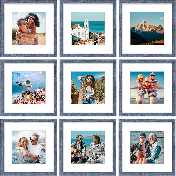 Vittanly 12x12 Picture Frames Set of 9, Shatter Resistant Plexiglass, Display 8x8 Pictures with Mat or 12x12 without Mat, Photo Frames for Wall Mount, Engineered Wood, Navy