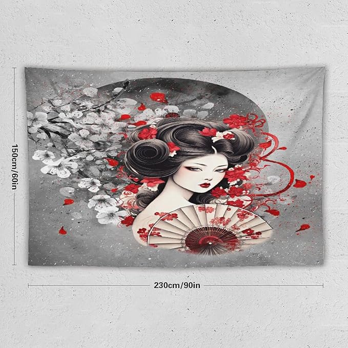 Japanese Geisha Tapestry Asian Red Cherry Blossom Red Sun Traditional Kimono Folk Tapestries Home Decor for Living Room Bedroom Apartment Farmhouse Dorm 90"x60"