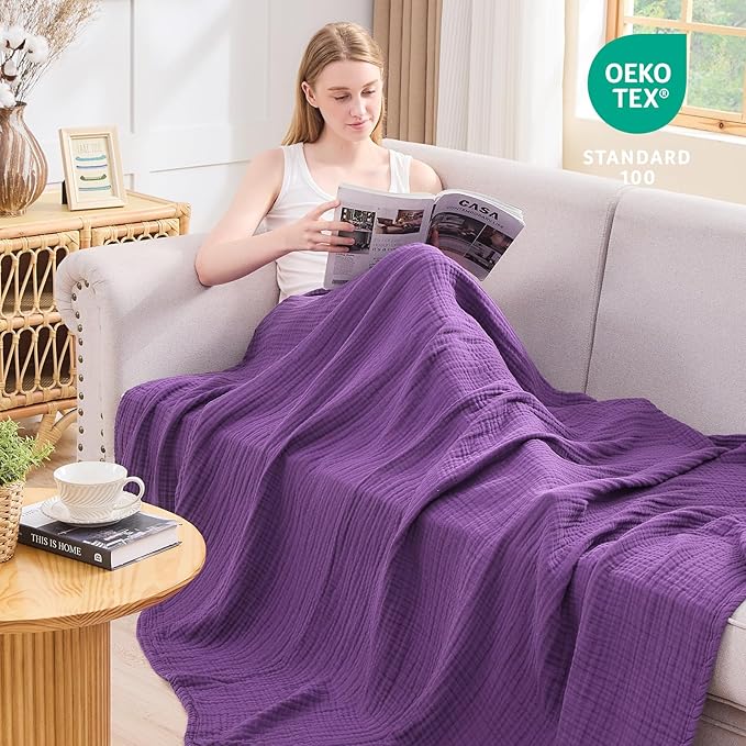 EMME Cotton Muslin Queen Blanket Bed Layering Breathable Gauze Blanket Soft Lightweight Blankets Adults (Purple, 90"x90")