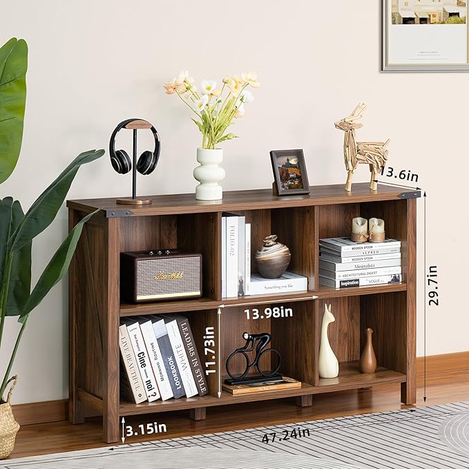 Farmhouse 6 Cube Book Shelf, Wood 3 Tier Storage Organizer Bookshelf, Brown Walnut 47" Horizontal Cubby Bookcase with Legs, Rustic Entryway Book Case, Long Display Cabinet for Bedroom, Office