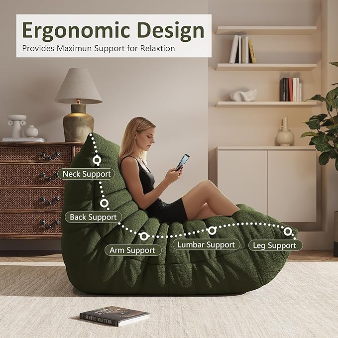 Bean Bag Chair, Oversized Loveseat Fireside Chair for Adults, 2 Seater with Memory Foam Filled, Lazy Sofa Lounge Floor Sofa for Living Room, Bedroom, Office, No Assembly Required. (Green)