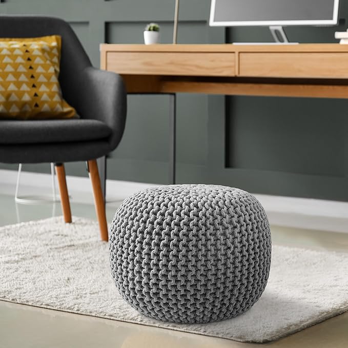 Casafield Round Pouf Ottoman, Light Gray - 20" Diameter x 14.5" High Cotton Knit Foot Stool - Boho Floor Pouffe for Living Room, Bedroom, Home Office