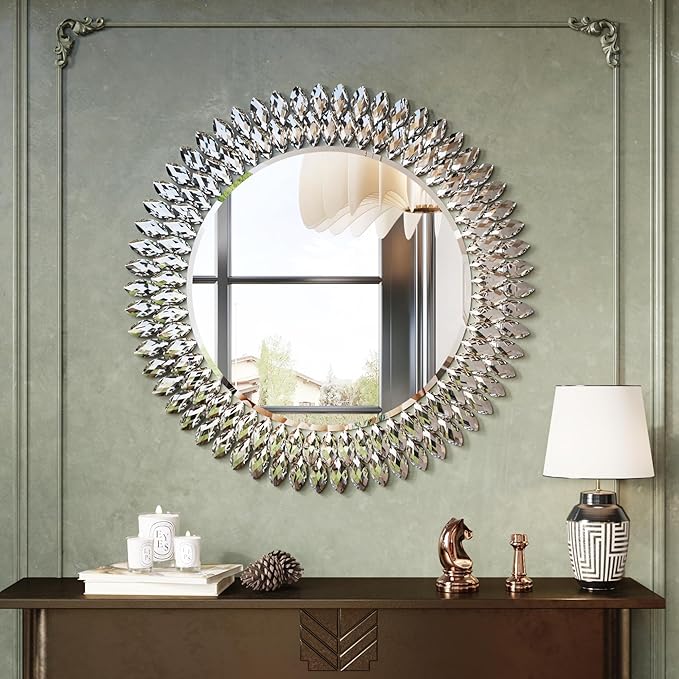 Kelly Miller Jeweled Mirror for Wall, 28 Inch Round Luxury Mirror with Sparkling Diamonds Beveled Modern Wall Decor for Bathroom, Living Room, Bedroom, Hallway