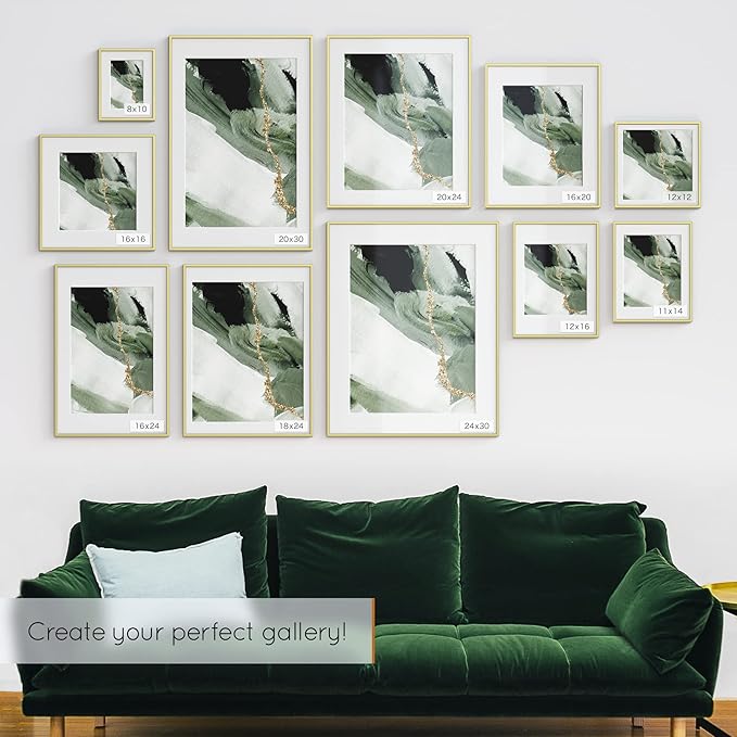 Homeforia 24x30 Picture Frame Gold, High End Metal 24 x 30 Poster Frames with 18 by 24 Mat Opening, 24x30 Gold Photo Frame Matted to 18x24 Print, 30x24 Large Frames, Tempered Glass, Wall Kit, Set of 1