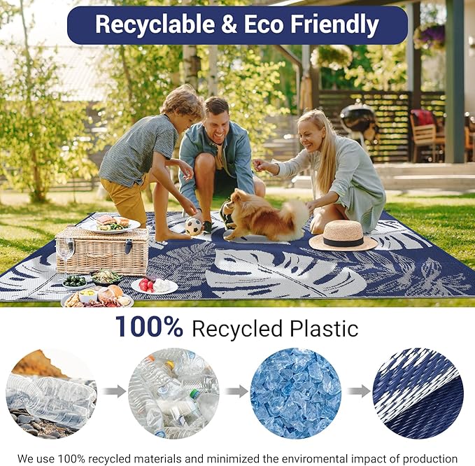 GAOMON Waterproof Plastic Straw Rug 9x12 Outdoor Patio Rugs, Reversible Modern Camping Mat with Bag & Stakes, UV Resistant & Easy to Clean Outdoor Carpet for RV, Deck, Balcony, Blue