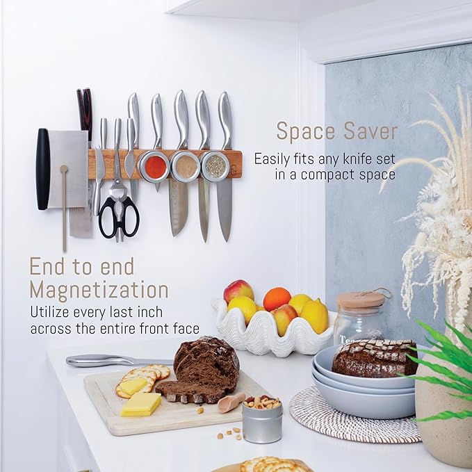 Premium 16 inch Magnetic Knife Holder for Wall with 2x Storage & Charming Wood - Knife Magnetic Strip, Under Cabinet Magnet Knives Storage - Magnet Strip Rack Kitchen Utensil Holder Organizer Tool
