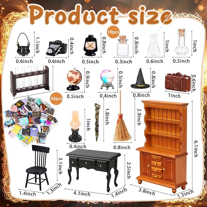 Rileryan 54 Pcs 1:12 Scale Magic Witchy House Kit Miniature Furnitures Accessories Mini Wooden Bookshelf Bookcase 30 Mini Books Desk Chair Halloween Decoration