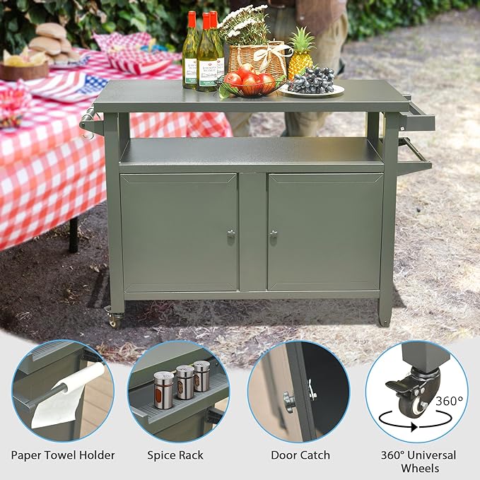 Domi Grill Carts Outdoor Storage Cabinet with Wheels, Metal Outdoor Grill Cart Kitchen Dining Table Cooking Prep BBQ Table for Patio, Kitchen Island, Home Party, Bar (Grey)