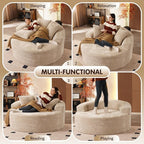 ovios 58" Oversized Round Chair Lounge Chaise Indoor, No Assembly Required, Cloud Large Circle Chair with Plush Fuax Fur, Fluffy Modern Sleeper Sofa Bed for Reading Yoga, Beige (Plush Corduroy Fabric)