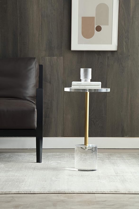 Clear Acrylic End Table,Side Table,Brushed Brass Metal,Round,for Office, Living Room and Bedroom,Easy Assembly,12x12 inch，21.3 inch high