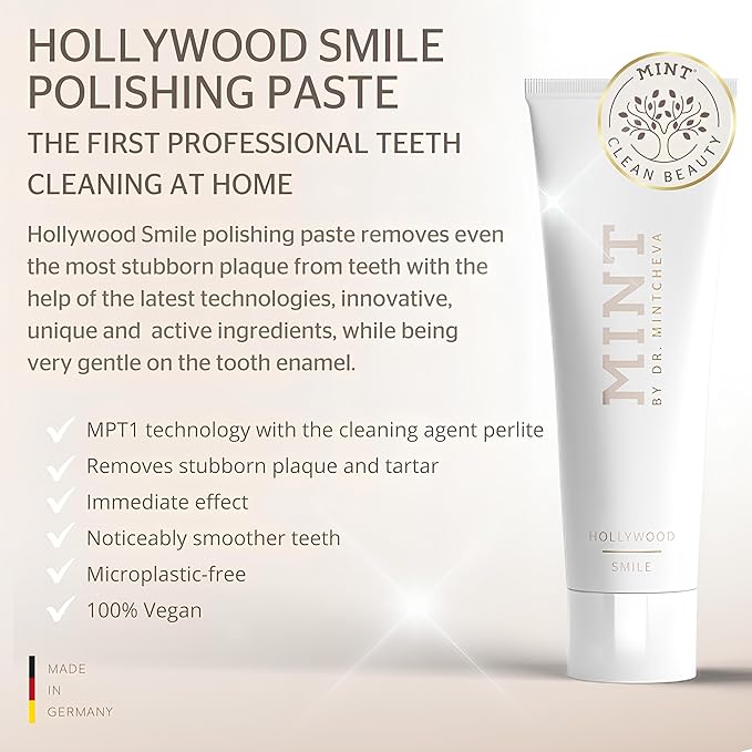 Mint Hollywood Smile polishing Paste with whitening Effect (1x 75 ml) - Professional Teeth Cleaning at Home - Effective deep Cleaning - Smooth, White Teeth - Microplastic-Free - by Dr. Mintcheva