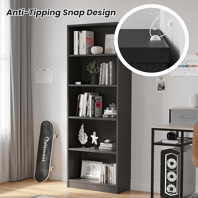 Bookshelf, Open Modern Bookshelf, 5 Shelf Bookcase with Freestanding Display Storage, Wooden Book Shelf for Bedroom, Living Room, Dinning Room, Office, Dray