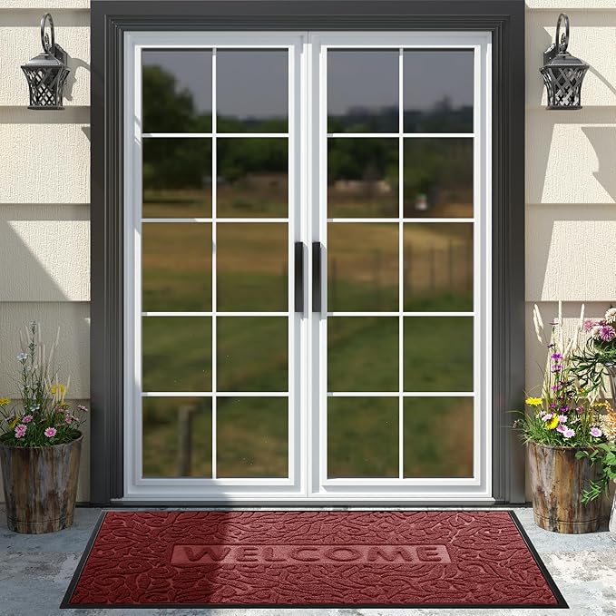 Yimobra Welcome Front Door Mat Outdoor, Heavy Duty Sturdy Non Slip Doormats, Rubber Backing, Low-Profile Entrance Rugs, Absorbent Resist Dirt, Easy Clean Patio Garage Floor Mats, 60X36 Inch, Wine Red