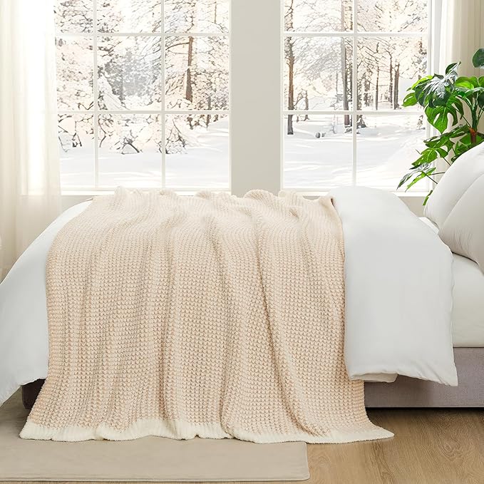 Snuggle Sac Cream Waffle Blanket for Couch Bed Sofa 60x80 inches, Reversible Beige Soft Throw Microfiber Fluffy Fuzzy Cozy Knit Twin Blanket for Women Mothers Birthday Gifts