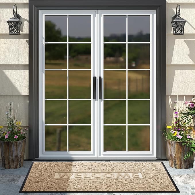 Yimobra Welcome Front Door Mat Outdoor, Heavy Duty Sturdy Non Slip Doormats, Rubber Backing, Low-Profile Entrance Rugs, Absorbent Resist Dirt, Easy Clean Patio Garage Floor Mats, 60X36 Inch, Beige