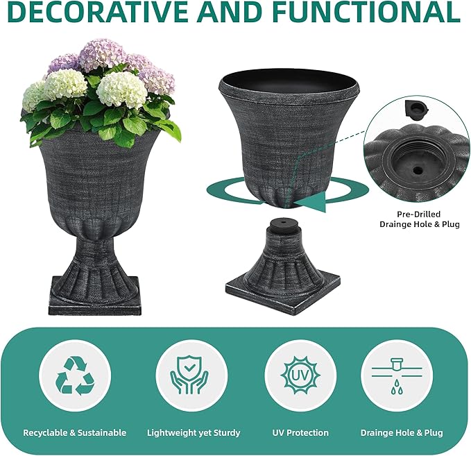 22" Timeless Urn Planters for Outdoor Plants, Set of 2 Plastic Large Flower Pot with Handmade Washed Black Finish, Weather-Resistant for Porch, Garden, Patio or Indoor Use