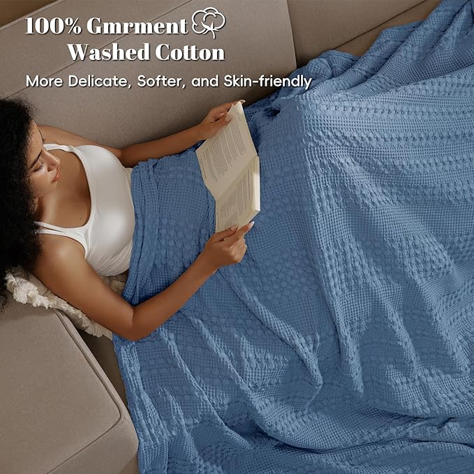 PHF 100% Cotton Waffle Weave Blanket King Size, Soft Lightweight Breathable Cozy Summer Blankets for Bed, Luxury Aesthetic Woven Bedding for Home Decor, 108"x90", Captain's Blue