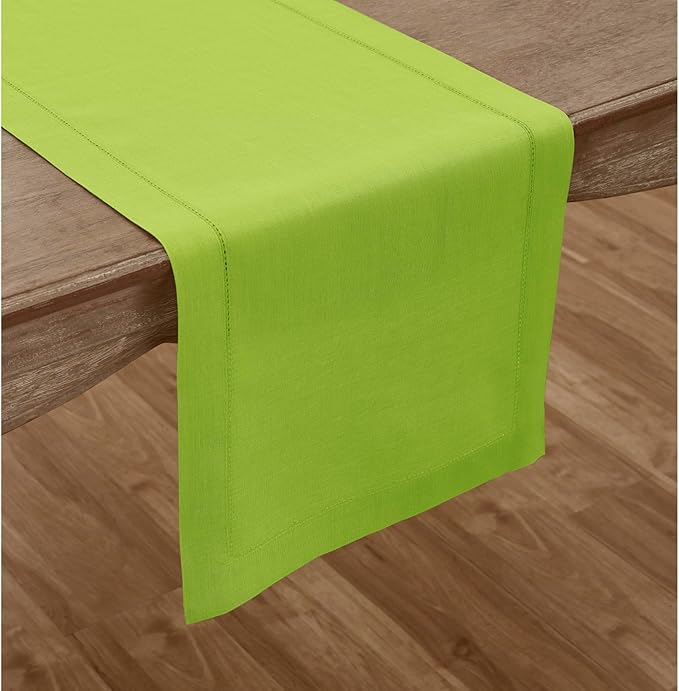 Solino Home Linen Lime Green Table Runner 72 Inches Long - 100% Pure Linen Hemstitch Table Runner 14 x 72 Inch for Dresser, Dining - Classic Hemstitch