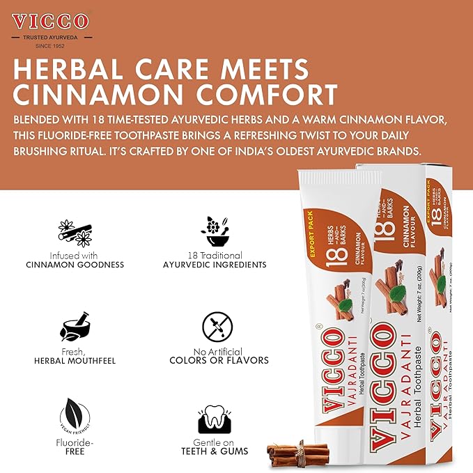 Vicco Vajradanti Ayurvedic Herbal Toothpaste by Vicco – 70 Year Legacy of Ayurveda, Cinnamon Flavour, with 18 Ayurvedic Herbs & Barks, 100% Natural, Vegan, Fluoride-Free & Cruelty-Free – 7 oz (1 Pack)
