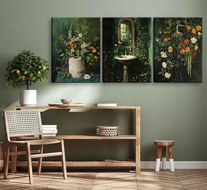 3Pcs Framed Vintage Dark Green Bathroom Wall Art Shower Toilet Paper Roll Floral Poster Print Modern Farmhouse plants Painting Picture Wall Decor For Bathroom Living Room Decoration