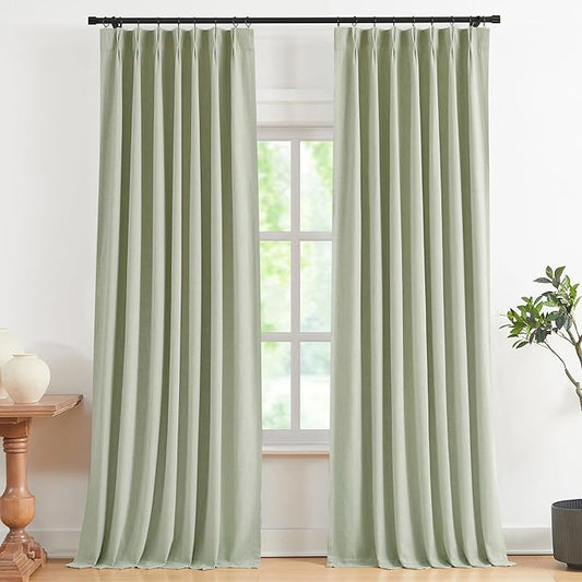 Vision Home Soft Green Pinch Pleated Full Blackout Curtains Linen Blended Room Darkening Curtain Panels 108 inch for Living Room Bedroom Thermal Insulated Pinch Pleat Drapes with Hooks 40" Wx108 Lx2