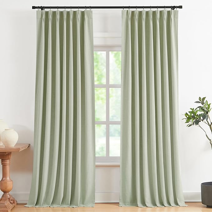 Vision Home Soft Green Pinch Pleated Full Blackout Curtains Linen Blended Room Darkening Curtain Panels 84 inch for Living Room Bedroom Thermal Insulated Pinch Pleat Drapes with Hooks 40" Wx84 Lx2