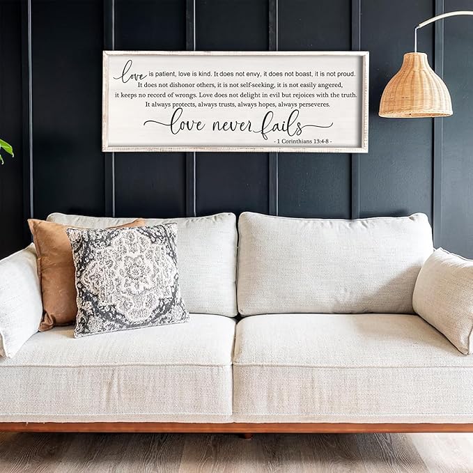 flowtorely Love is Patient, Kind Wall Art Decor 40"X15" Love Never Fails Sign 1 Corinthians 13 Bedroom Above Bed Large Bible Verse Quote Scripture Christianity Hanging Sign (White)