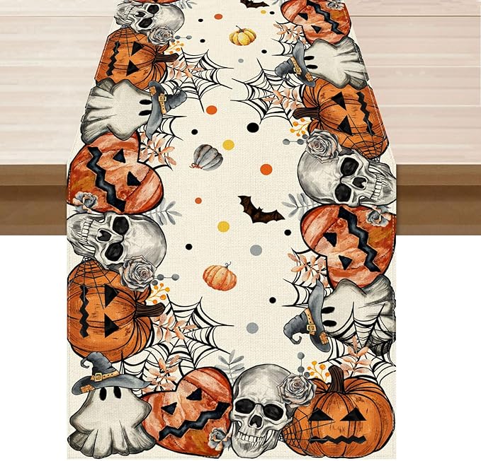 XCHI Spooky Skeleton Ghost Pumpkin Halloween Table Runner Party Table Decoration for Home Kitchen Dining Holiday Decor 13x108 Inch