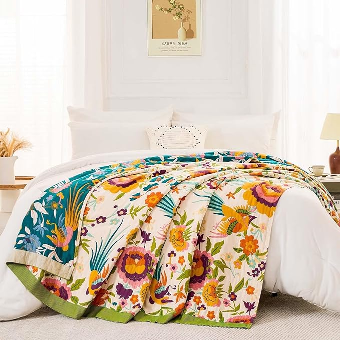 Boho Throw Blanket for Bed, 100% Cotton Soft Rustic Quilt Fall Blanket, 60"x80" Floral Printed Farmhouse Decor Bed Blankets, All Season Rustic Reversible Bohemian Throw Quilt