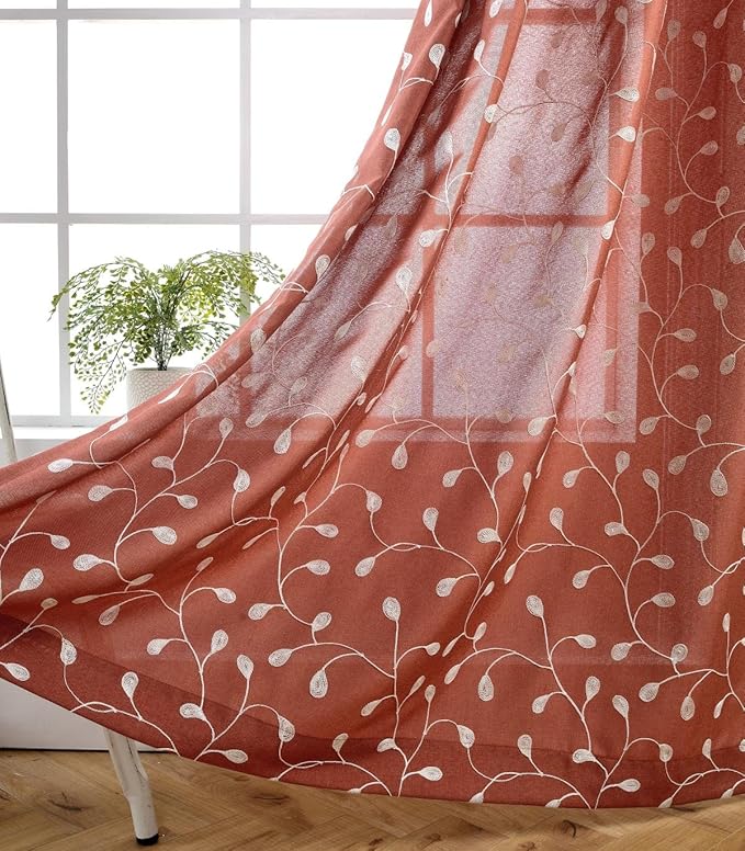 MIUCO Floral Embroidered Semi Sheer Curtains Faux Linen Grommet Window Curtains for Girls Room 52 x 63 Inch 2 Panels, Rust