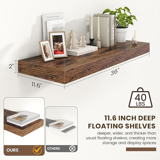 Deep Floating Shelves for Wall | 36 Inch Wide x 12 Inch Deep Floating Shelves | 36W x 12D Rustic Wood Wide Wall Shelves | Bookshelf Laundry Shelf TV Shelf