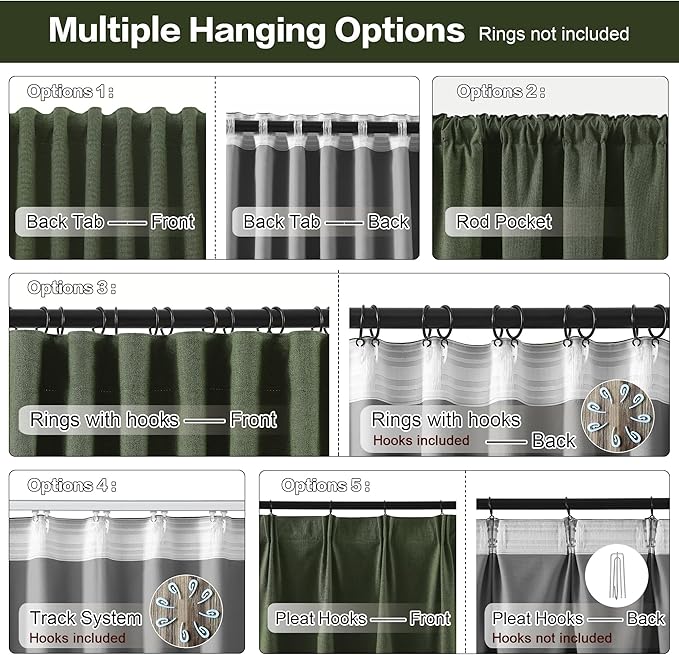 RAIN CITY Dark Olive Green Blackout Curtains 96 Inch Long with Hooks 2 Panels Set, Back Tab Drapes with Grey Backing for Track System, Modern Window Curtains for Bedroom- Loden/Olive Forest 50x96