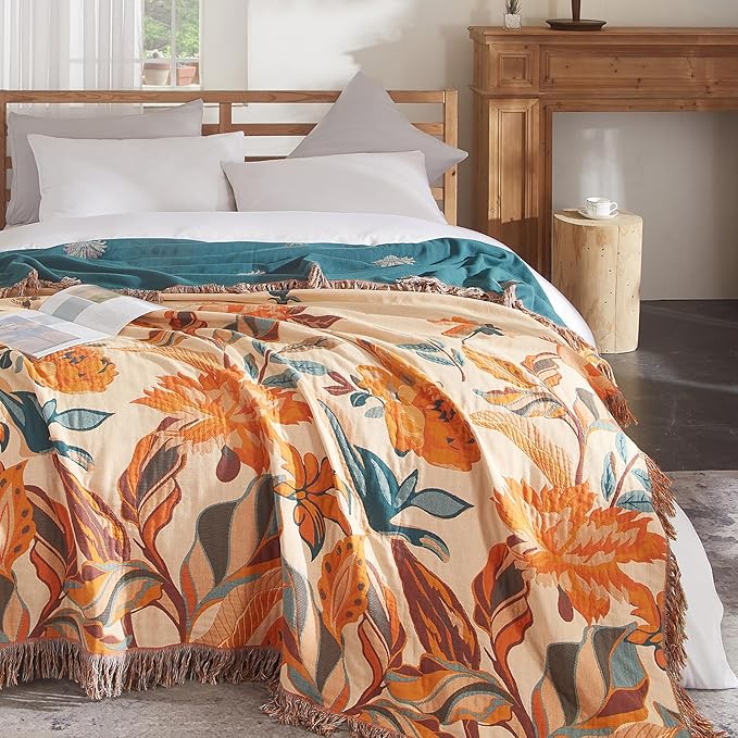 Boho Throw Blanket for Couch Sofa Bed, 100% Cotton Woven Quilt with Tassel 80”x90”, Super Soft Muslin Blanket with Floral Printed, Decorative Reversible Bed Blanket/Cover for All Seasons