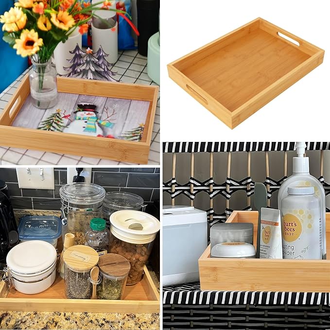 2 Pack Large Bamboo Serving Tray with Handles, 14 x 10 inch Wooden Dinner Tray, Home Kitchen Breakfast Trays for Living Room Bedroom Kitchen Dinner Table, Picnic