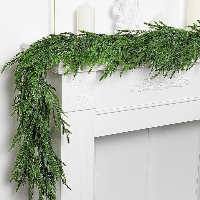 Watayo 6 Ft Christmas Norfolk Pine Garland, Dense Real Touch Pine Garland Ornament, Realistic Artificial Pines Greenery Garlands for Mantle, Table, Fireplace, Indoor, Outdoor Christmas Decoration