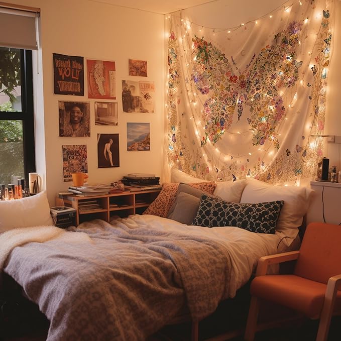 Damanse Butterfly Tapestry Wall Hanging Cute,Boho Wall Tapestry for Bedroom Aesthetic,Flower Living Room Decor for Teen Girls (White, 59.80" x 78.70")