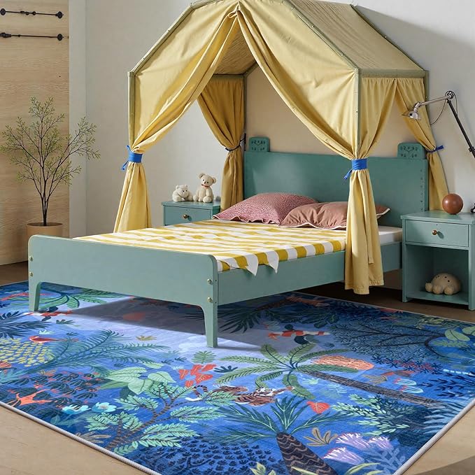LIVEBOX Jungle Animal Print Dining Room Rugs for Under Table, Soft Modern Rug for Living Room, Washable Kids Rugs for Boy Bedroom, Non-Skid Blue Kids Carpet Playmat Rug for Play