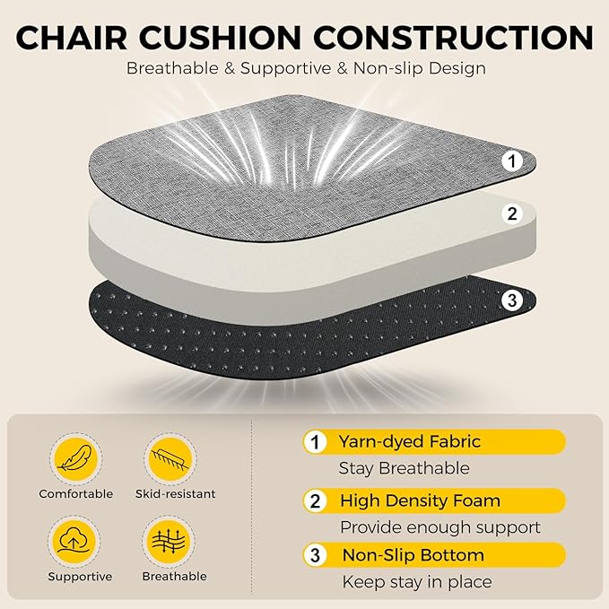 downluxe Indoor Chair Cushions for Dining Chairs, Soft and Comfortable Textured Foam Kitchen Chair Pads with Ties and Non-Slip Backing, 16" x 16" x 2", Dark Grey, 2 Pack