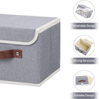 ANMINY 2PCS Storage Bins with Lid PU Leather Handles Storage Boxes PP Plastic Board Decorative Foldable Lidded Cotton Linen Fabric Home Cubes Baskets Closet Organizer Containers - Gray, Small Size